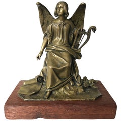 Antique Bronze Winged Angel Sculpture with Harp by Auguste Eugene Rubin