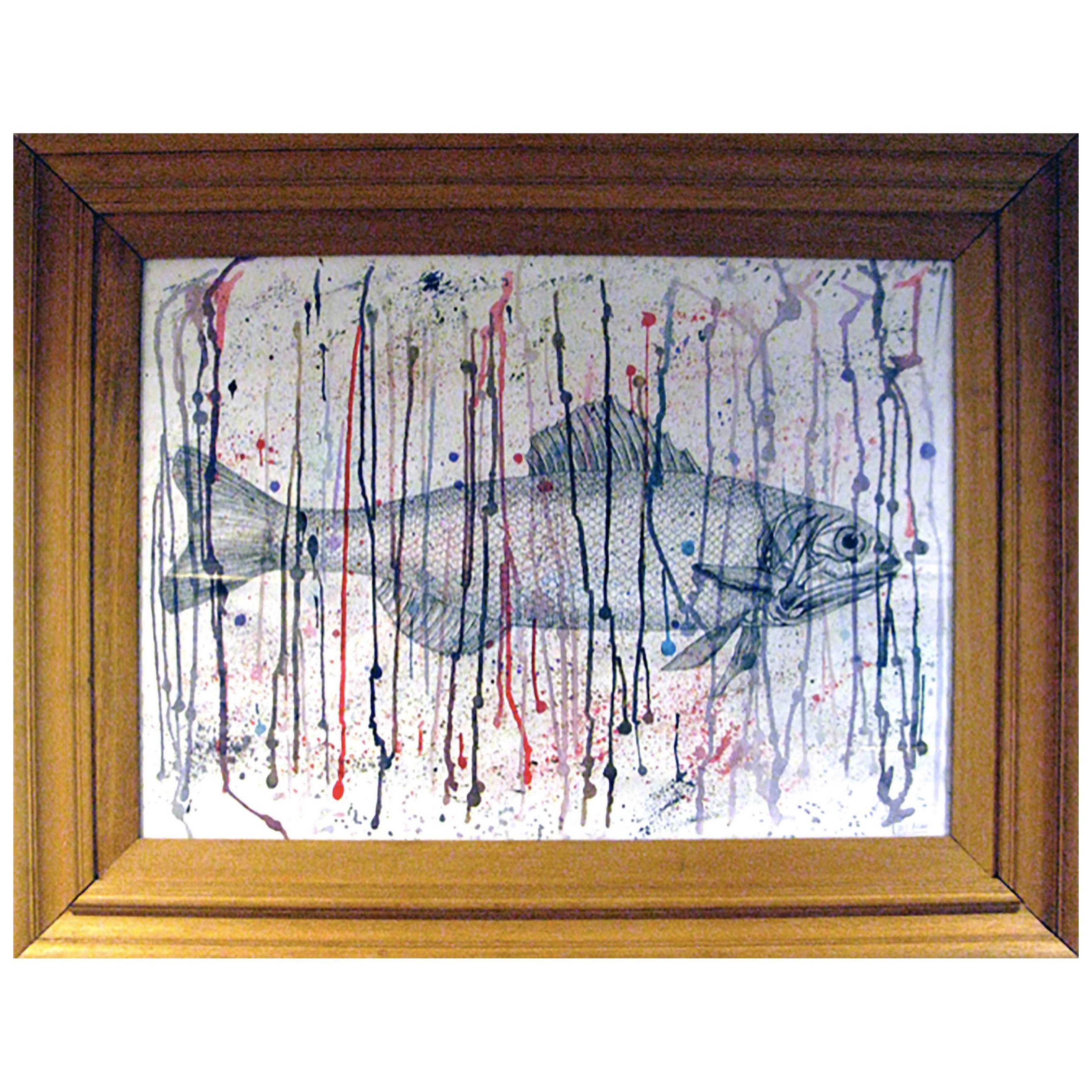 Fish with Colorful Grid, Drawing of Black Ink on Paper by Bizzy Setter For Sale