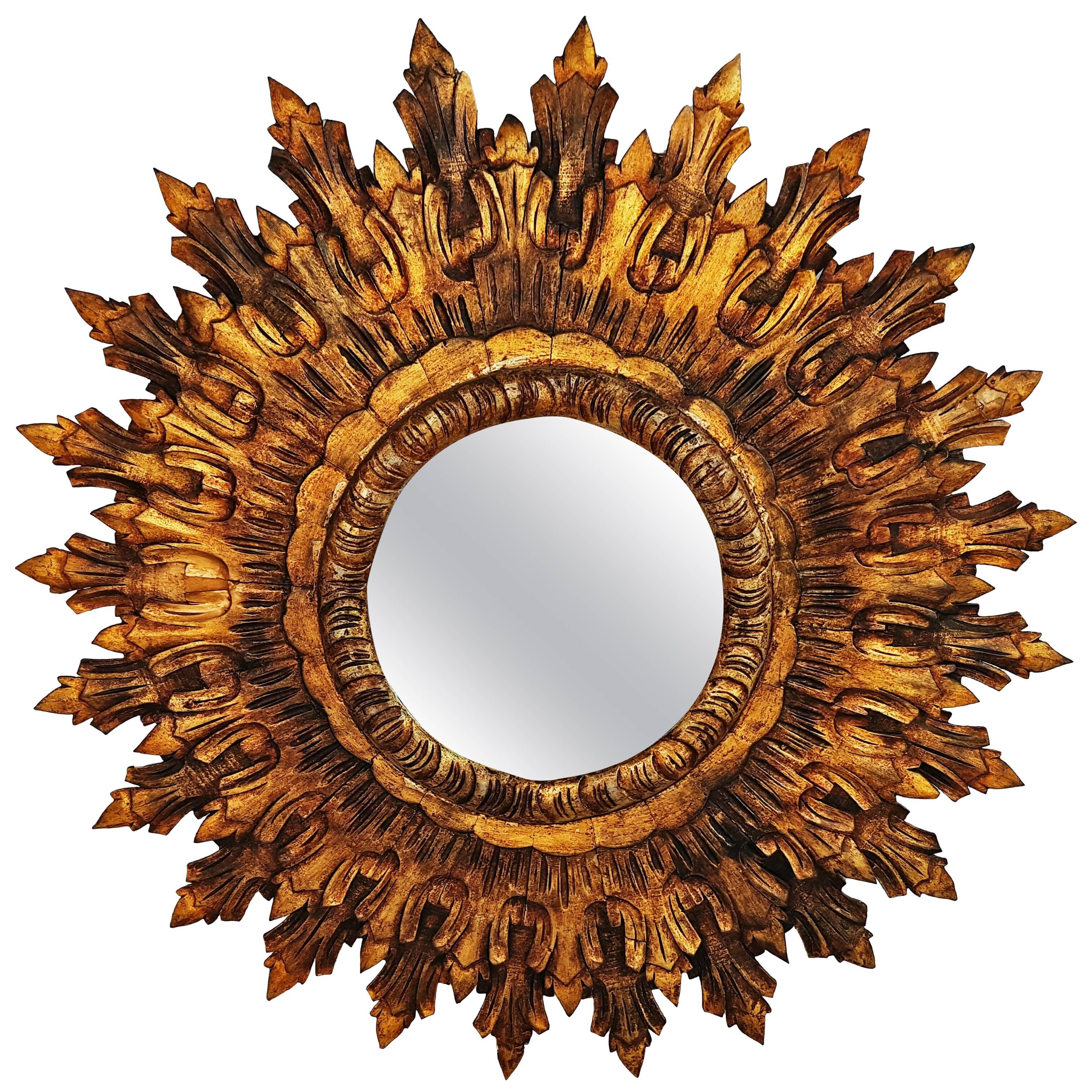 French Large Mid-Century Giltwood Sunburst Mirror