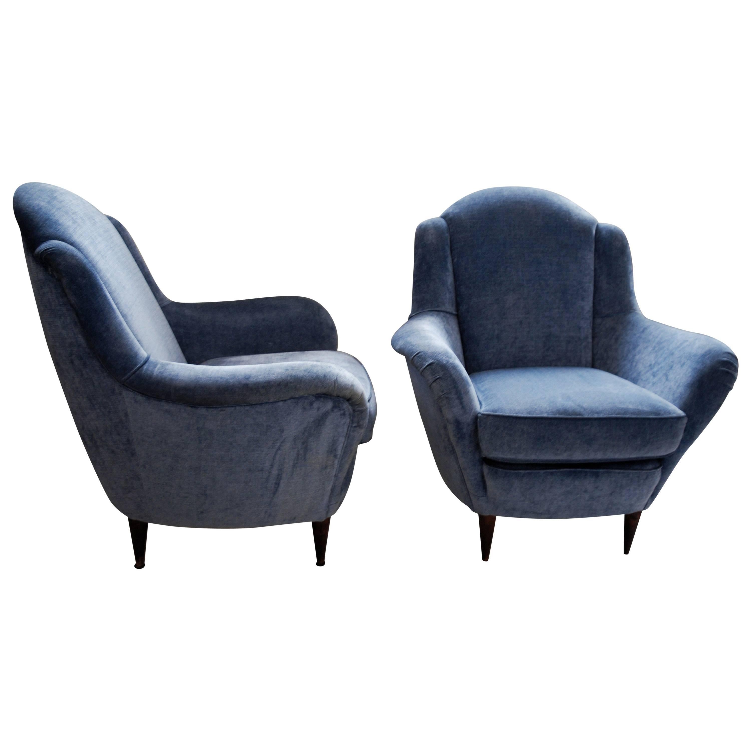 Two Armchairs, Blue Velvet, I.S.A. Bergamo Ico Parisi attr. 1950s, SALE MUST GO