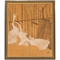 Antique Japanese Two-Panel Screen: Geese in a Country Setting