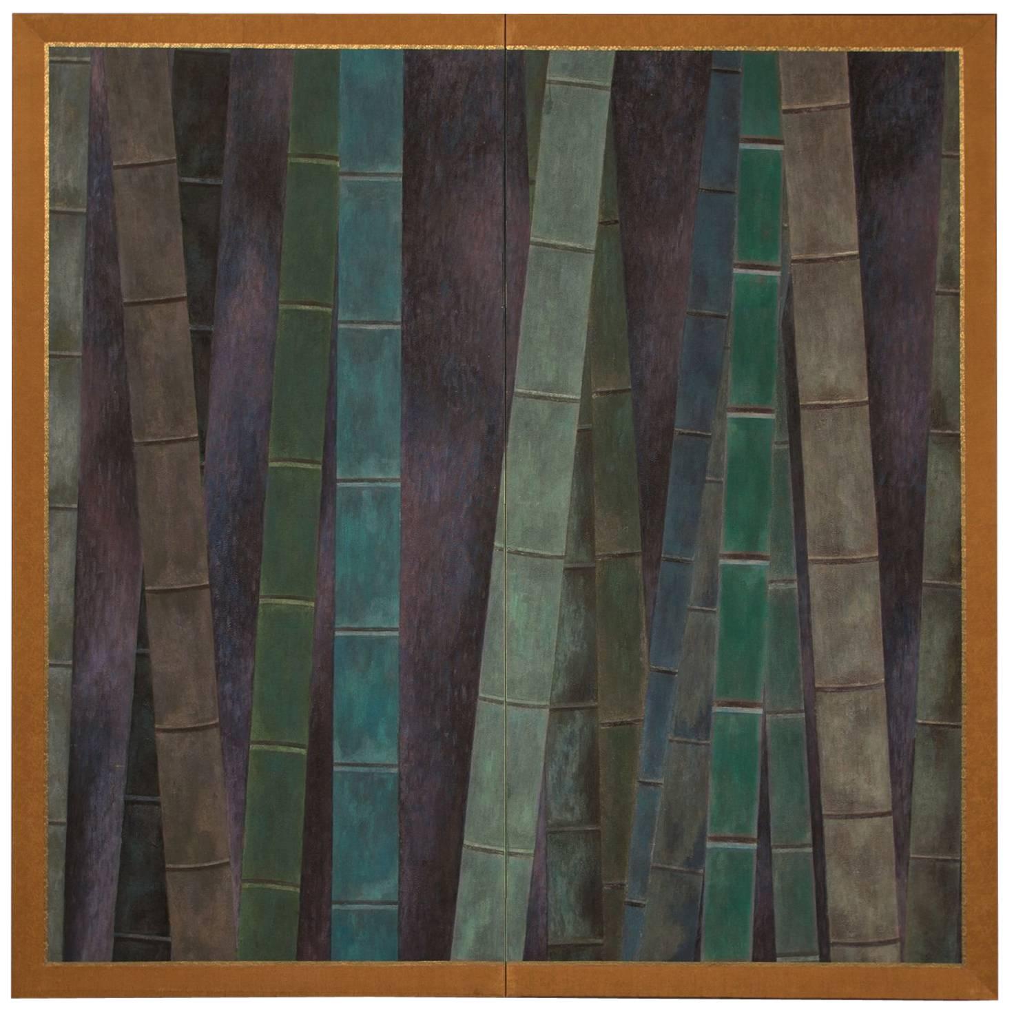 Japanese Two-Panel Screen, Abstract Bamboo Forest at Night