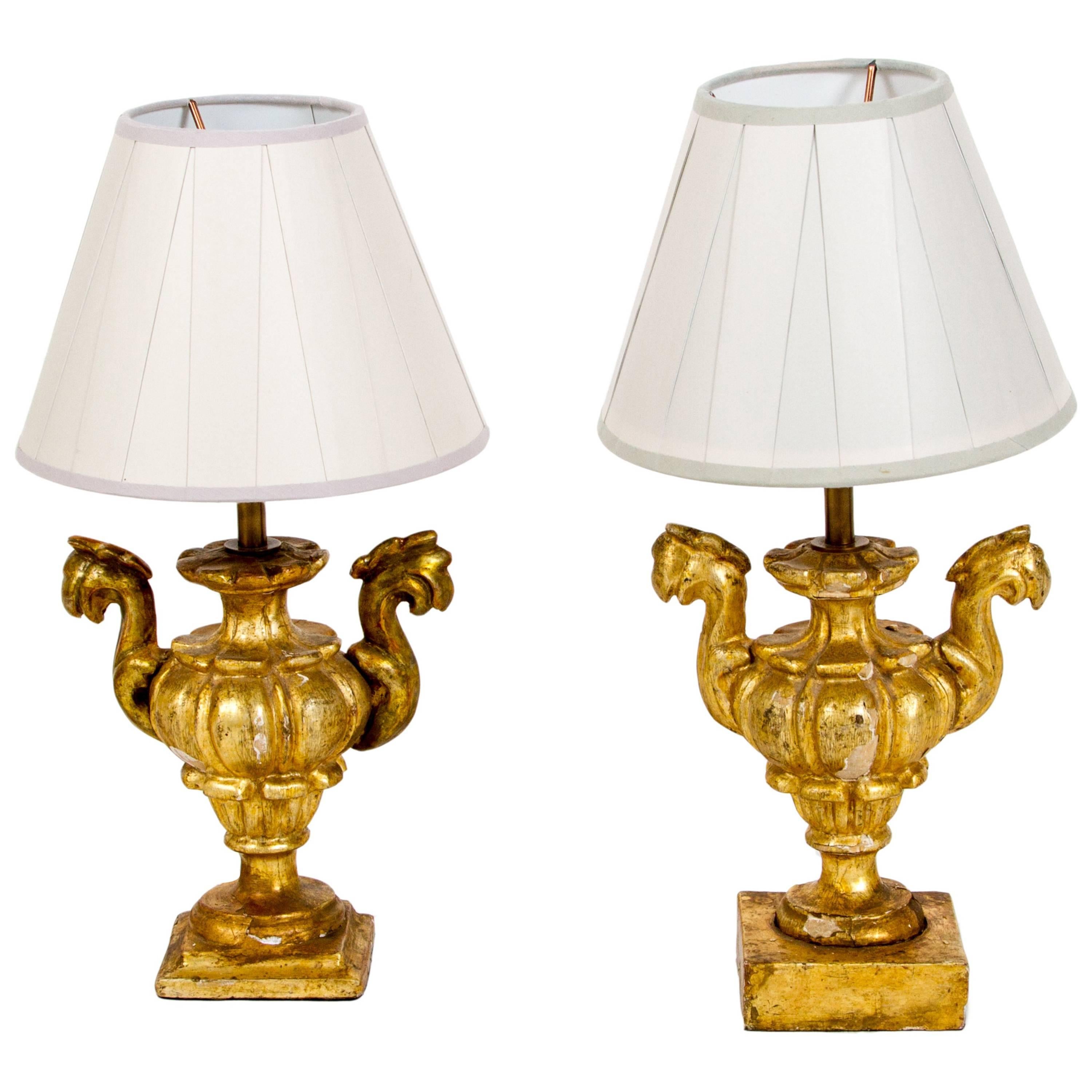 19th Century Pair of Italian Giltwood Lamps from Tuscany