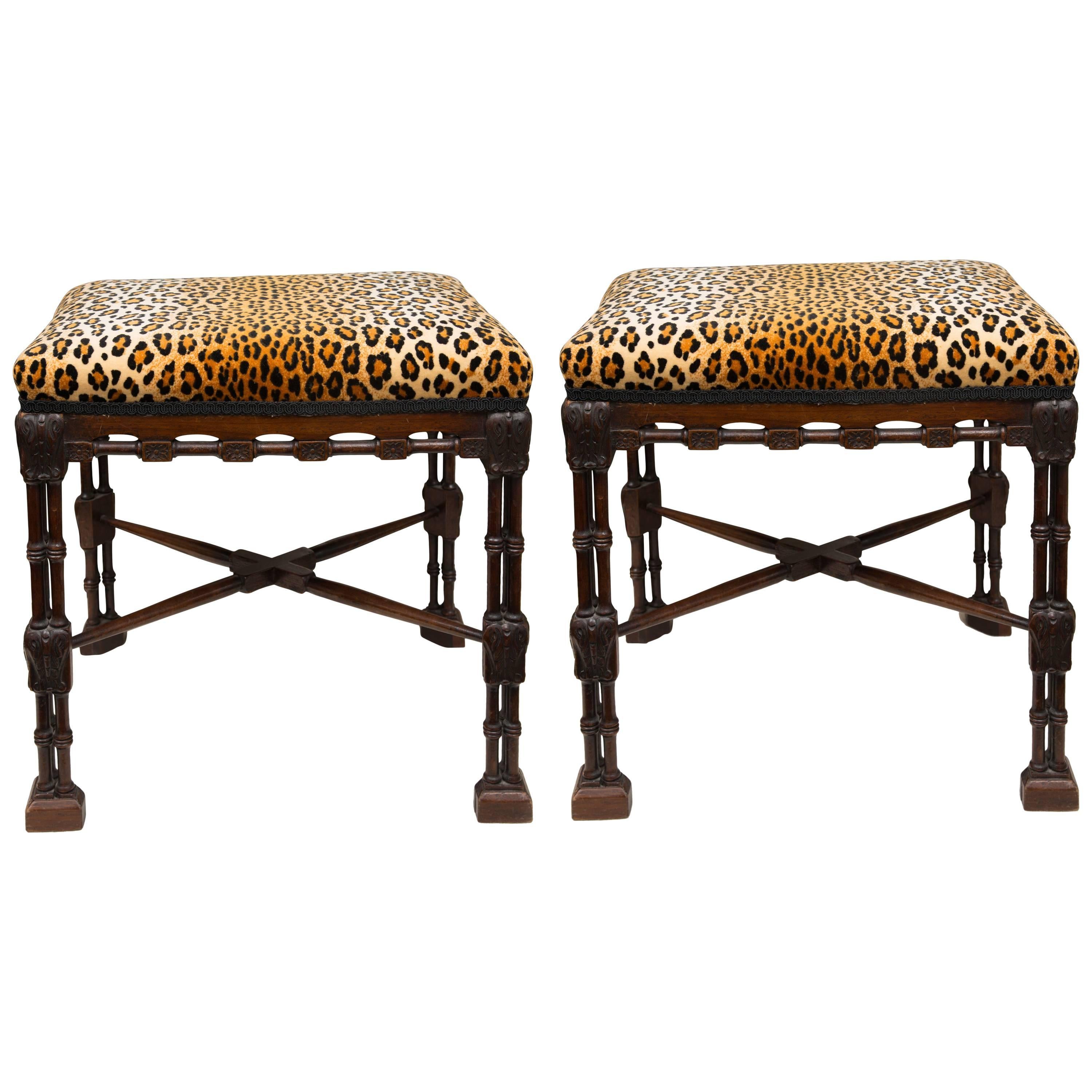 Near-Pair of Regency Style Mahogany Faux Bamboo Upholstered Benches