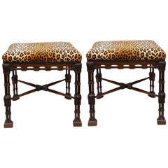 Near-Pair of Regency Style Mahogany Faux Bamboo Upholstered Benches