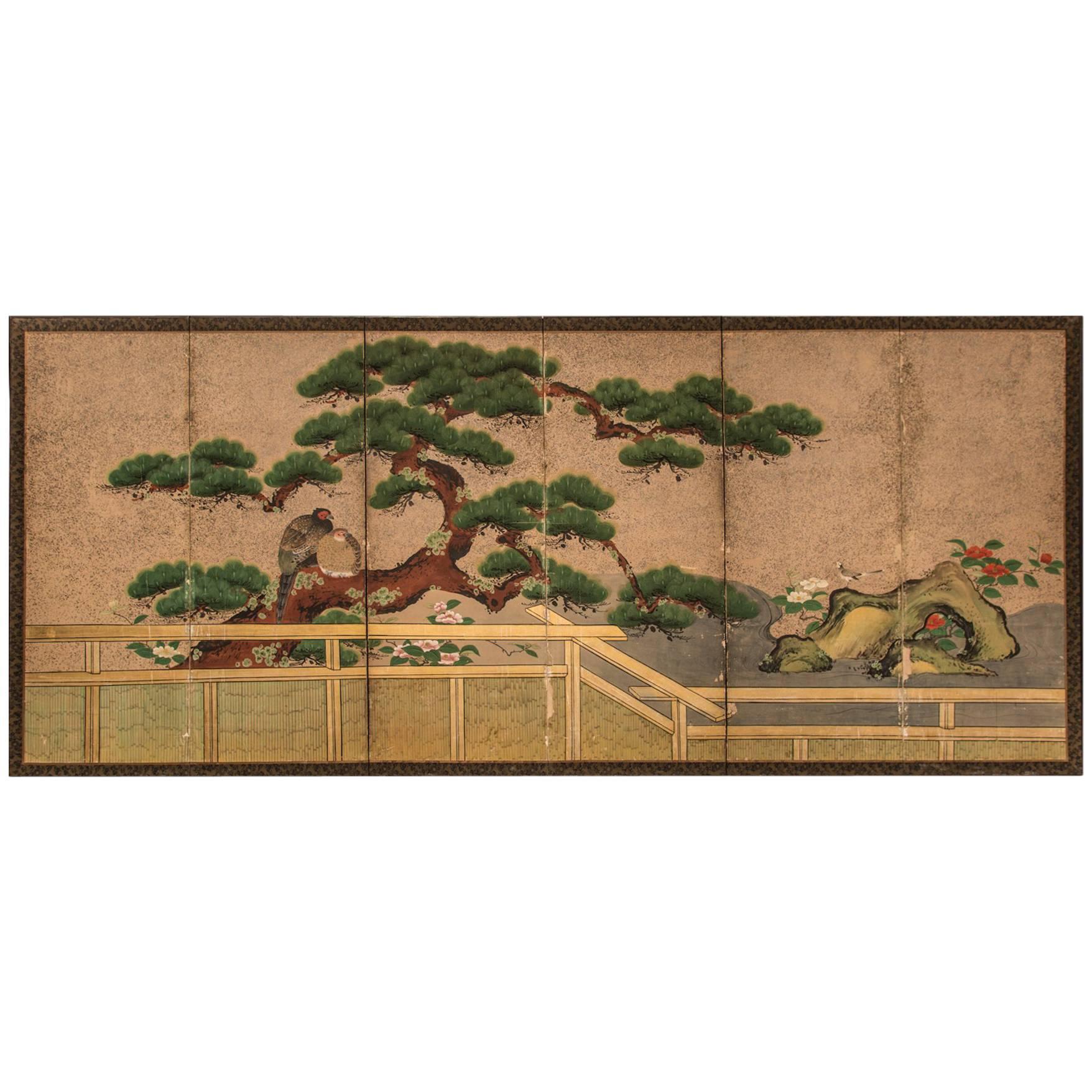 Japanese Six Panel Screen, "Amorous Pheasants in Venerable Garden Pine" For Sale