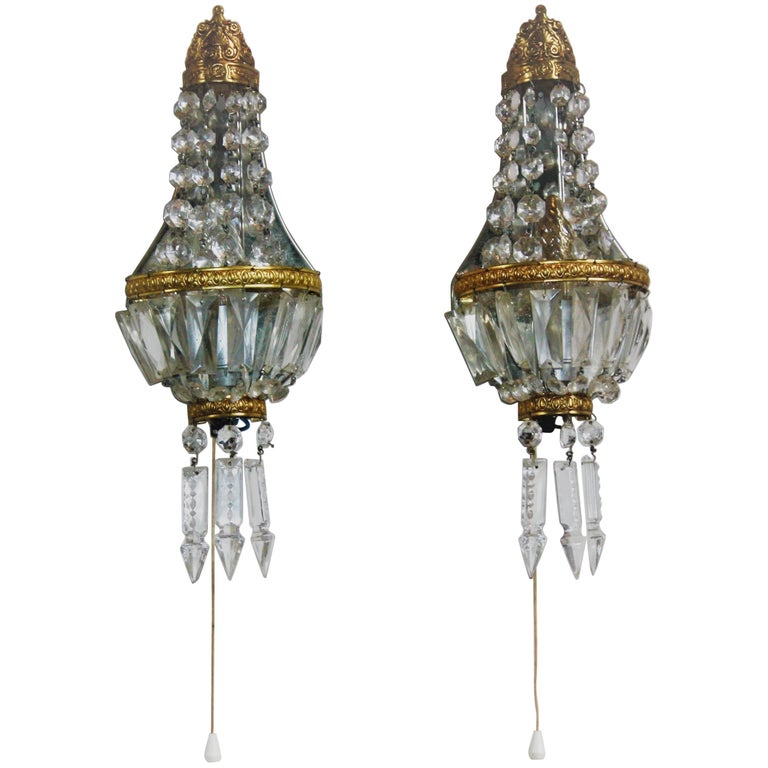 Pair of French Crystal and Brass Wall Sconces, circa 1930s For Sale at 1stdibs