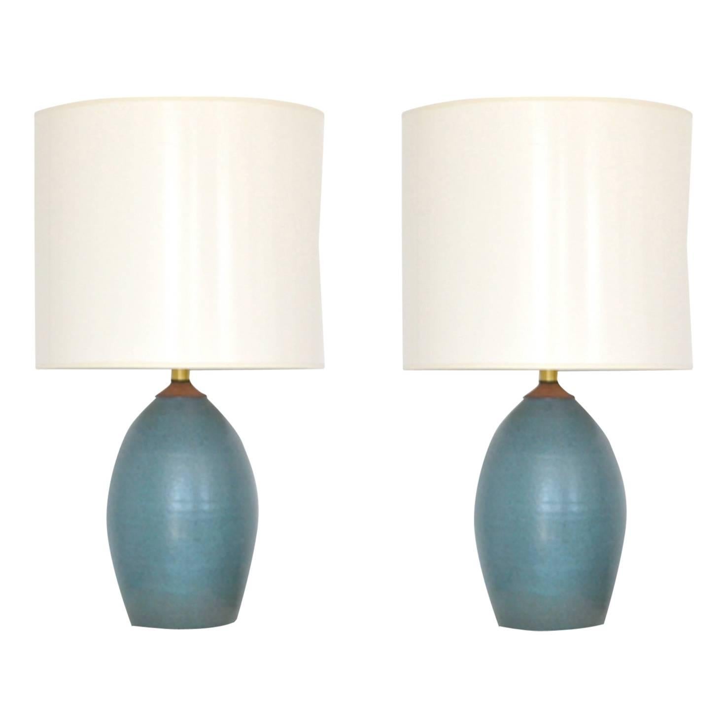Pair of Mid-Century Matte Blue Glazed Ceramic Organic Form Table Lamps