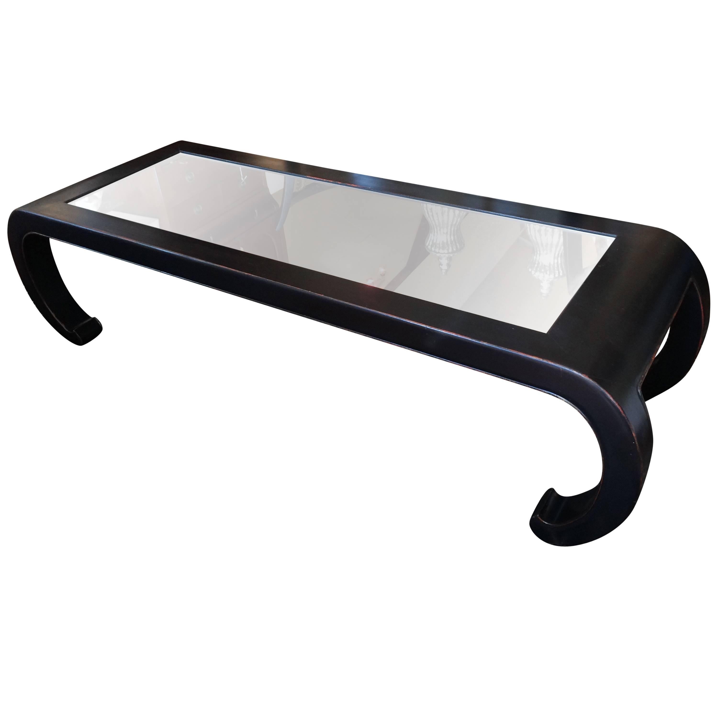 Sleek Ebonized Wood and Mirrored Coffee Table