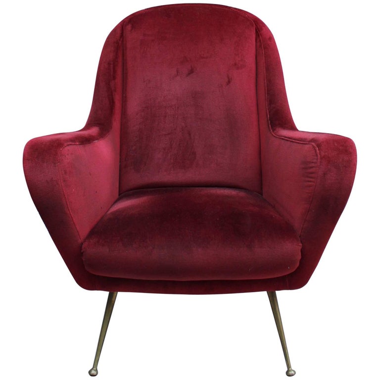 A Fine 1970's Italian Red Velvet Armchair with Brass Legs For Sale at