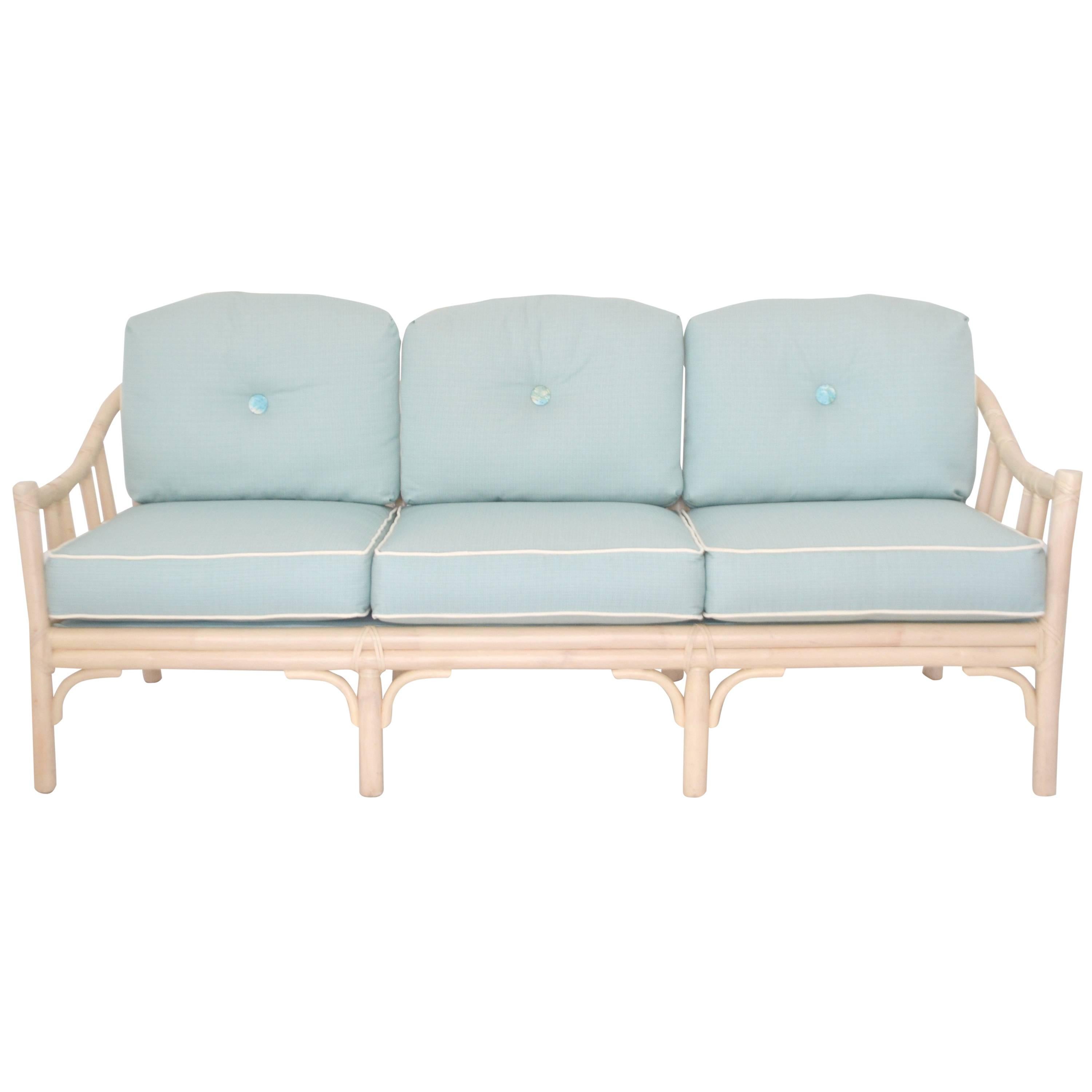 Mid-Century Bamboo and Leather Wrapped Three-Seat Sofa or Settee