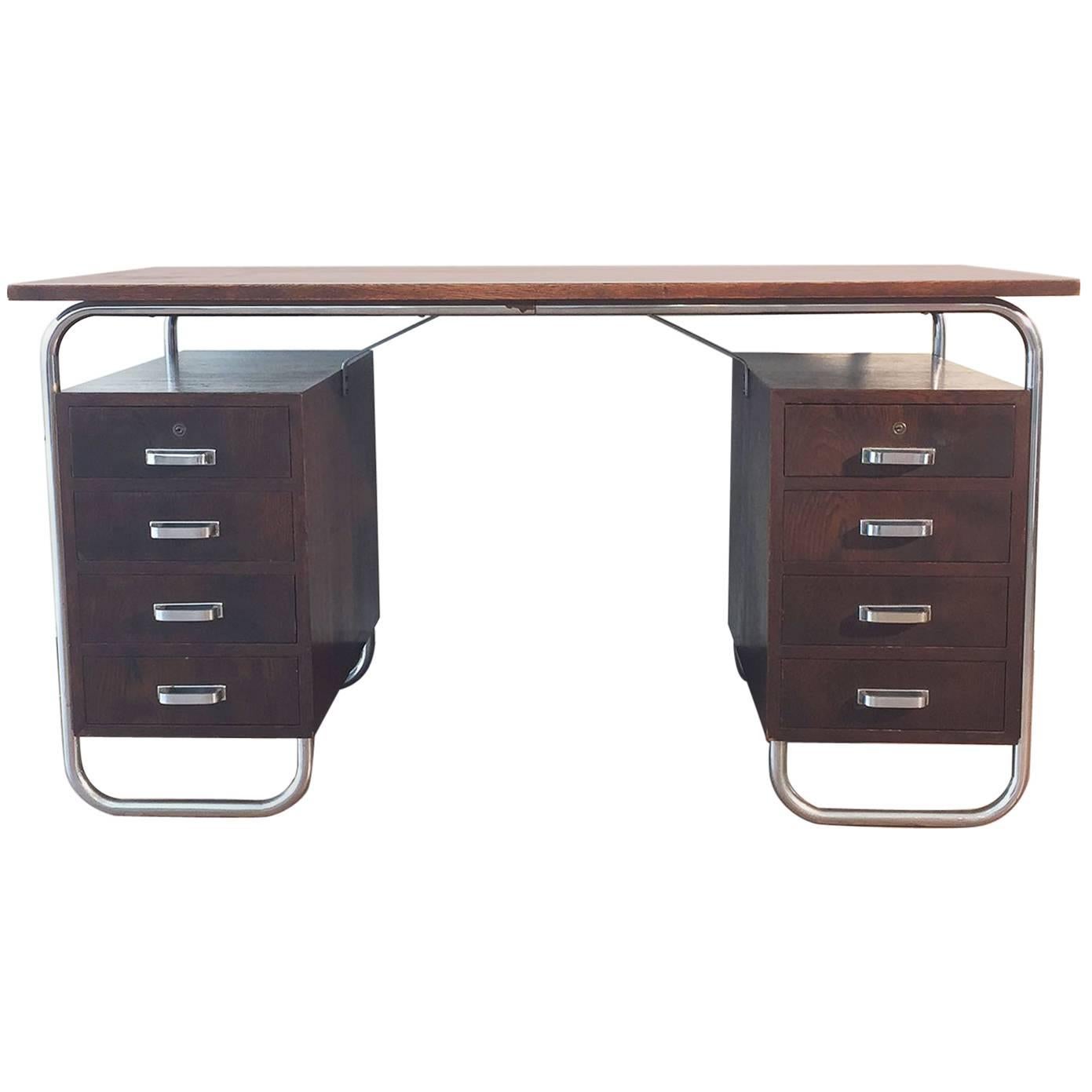 Chromed Steel and Tinted Beech Bauhaus Desk by Petr Vichr for Kovona, 1930s For Sale