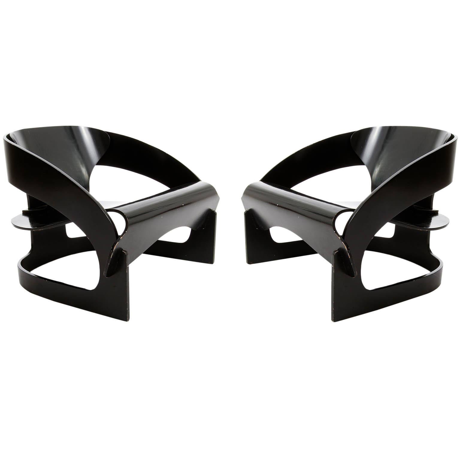 Pair of Joe Colombo Chairs No. 4801, Black Plywood, Kartell, Italy, circa 1963 For Sale