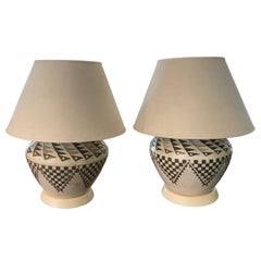 Vintage Acoma Socorro Checkers Pattern Matching Hand Thrown Lamps
