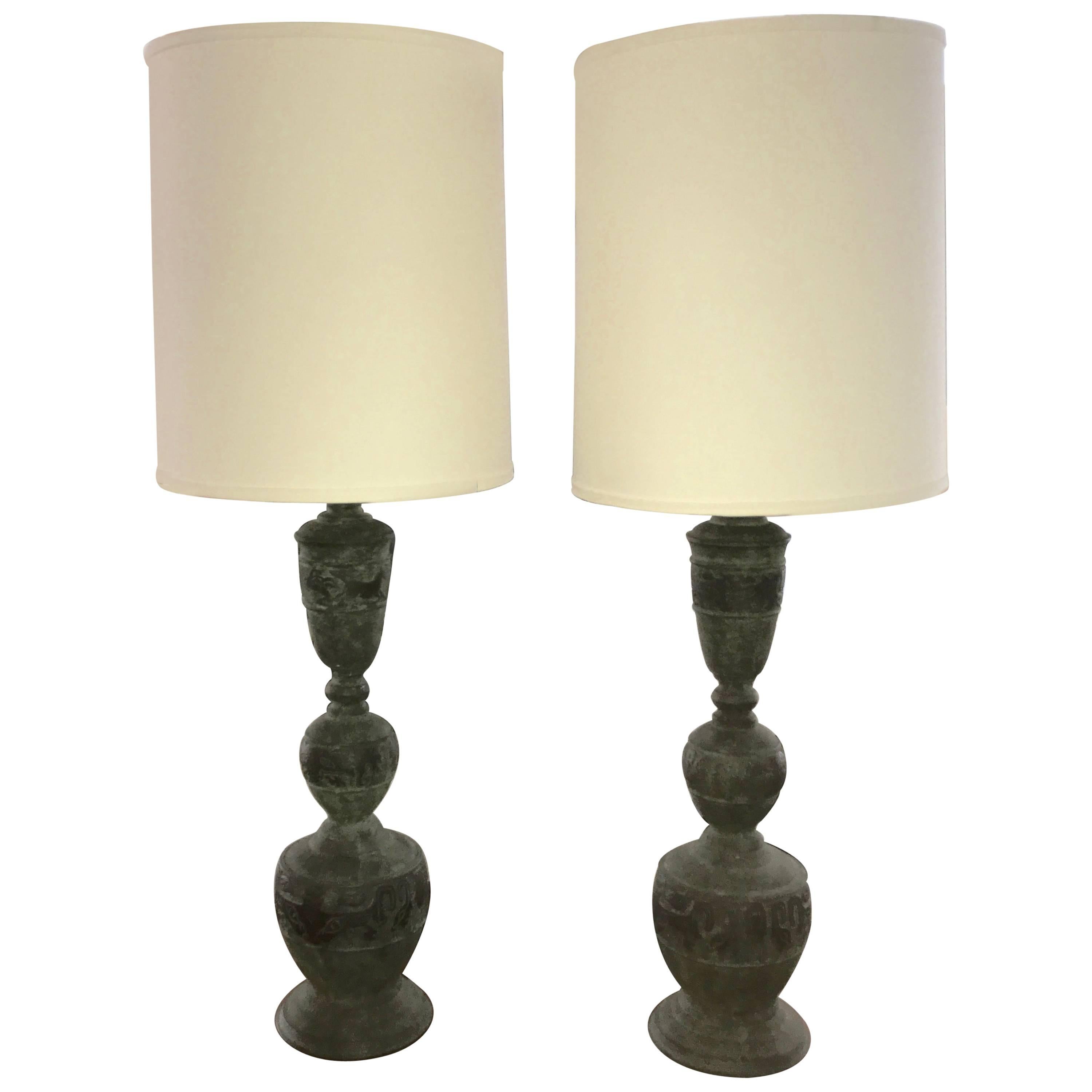 Pair of Chinese Motif Metal Lamps with Great Patination