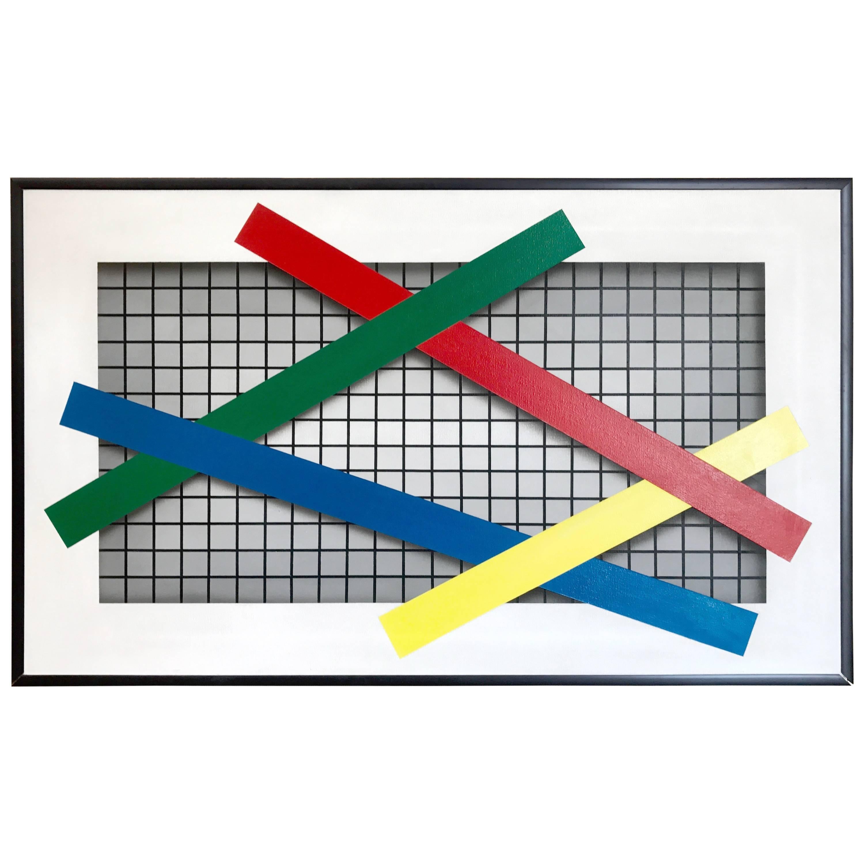 Joseph Ramsauer Postmodern 1987 "Primary Forms on Grid" Painting or Collage