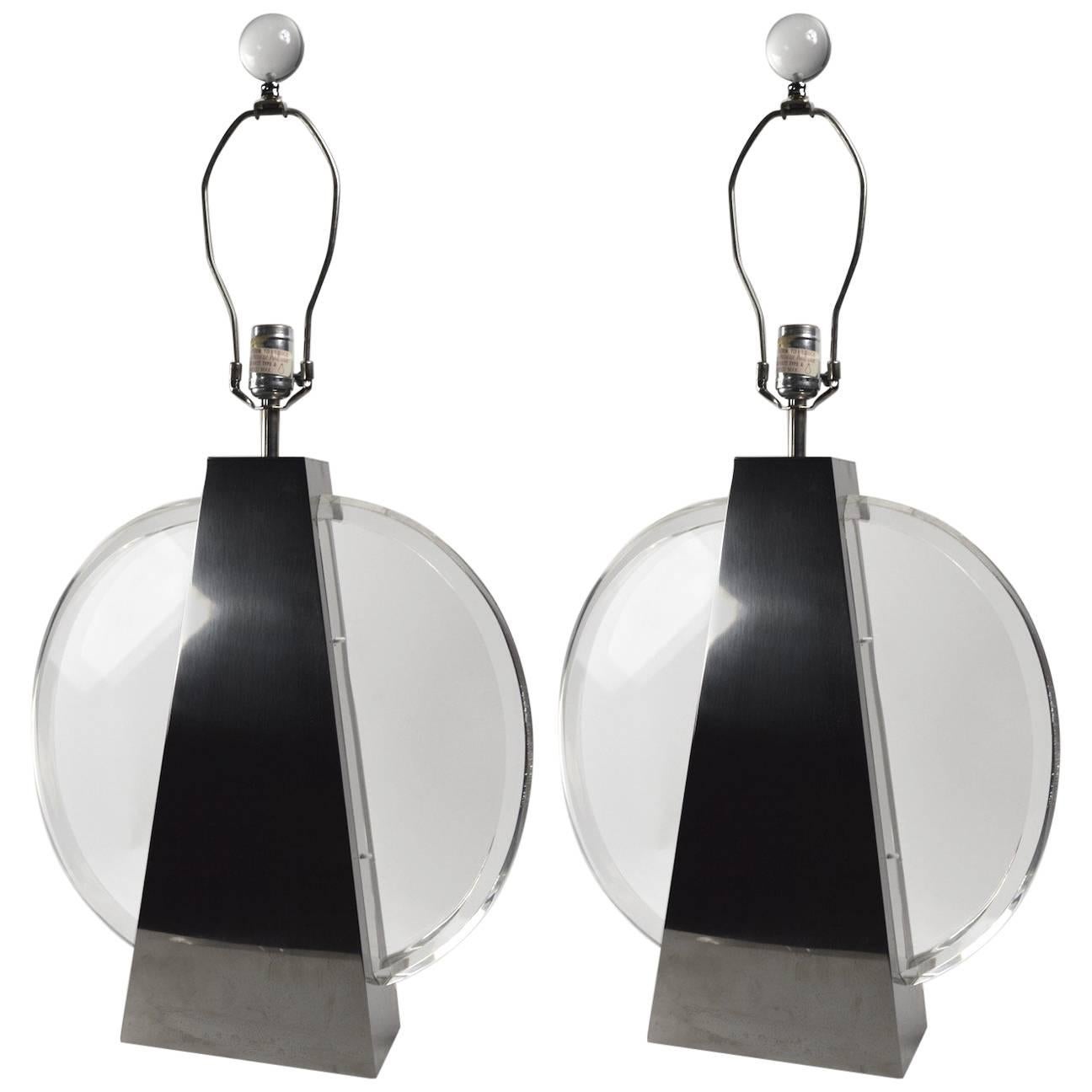 Pair of Chapman Chrome and Lucite Lamps For Sale