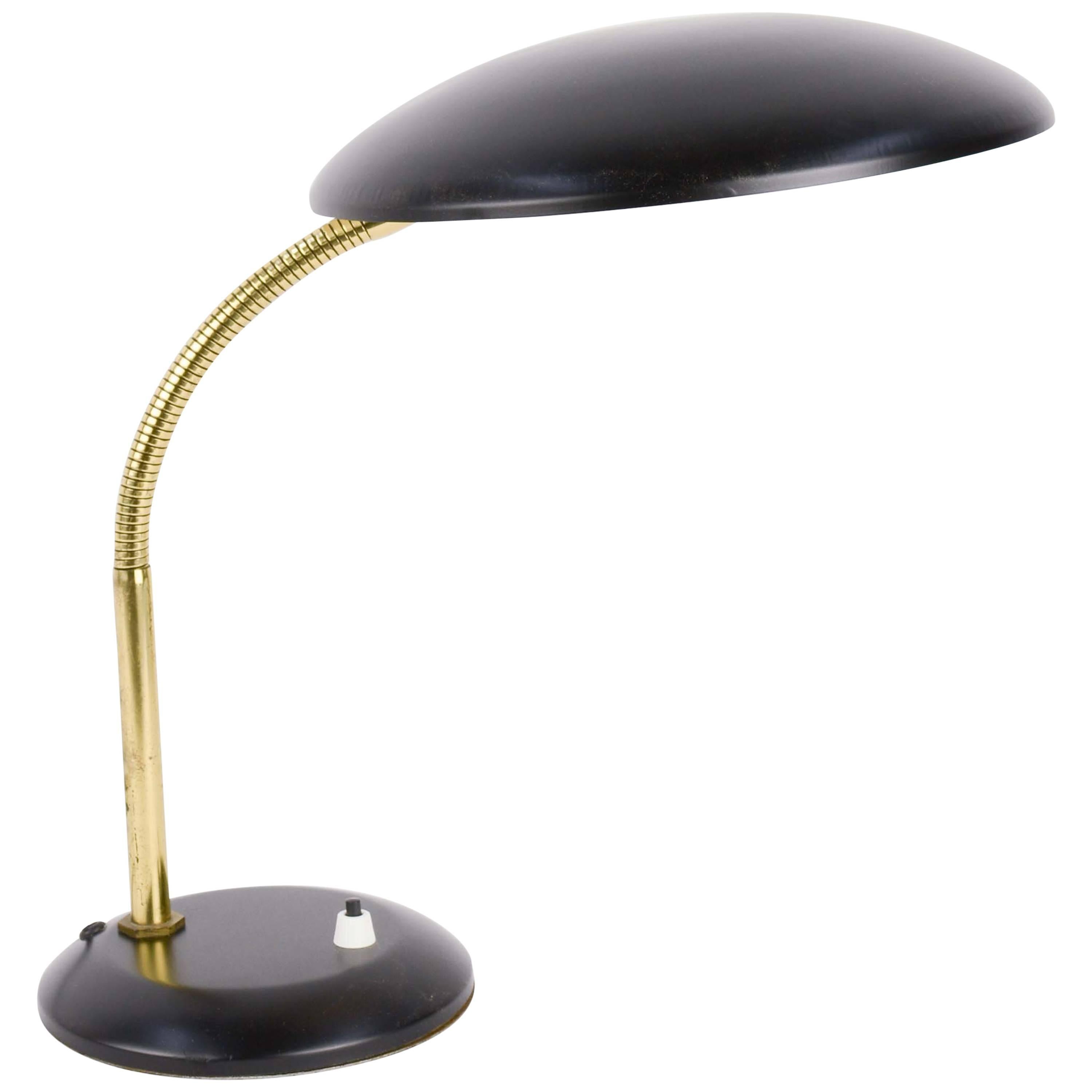 French Flying Saucer Gooseneck Desk Lamp in Brass and Black