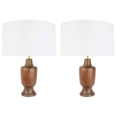 Vintage Pair of 1940s, North Western Wood Worker's Distressed Turned Wood Lamps