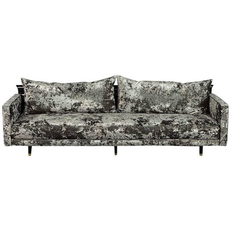 Mid-Century Modern Crushed Velvet with Show Wood Sofa at 1stdibs