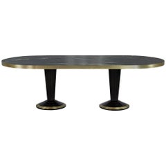 Custom Oval Modern Titanium Marble-Top Dining Table Trimmed in Brass
