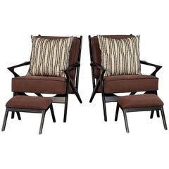 Pair of Black Wood Frame Slat Back Chairs with Ottomans