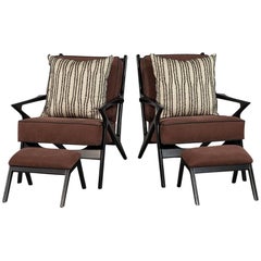 Pair of Black Wood Frame Slat Back Chairs with Ottomans 11