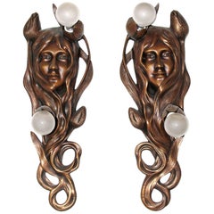 Art Nouveau Bronze Sconces, Maurice Bouval, France, circa 1900