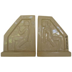 1924, French Art Deco Ceramic Bookends by F Trinque