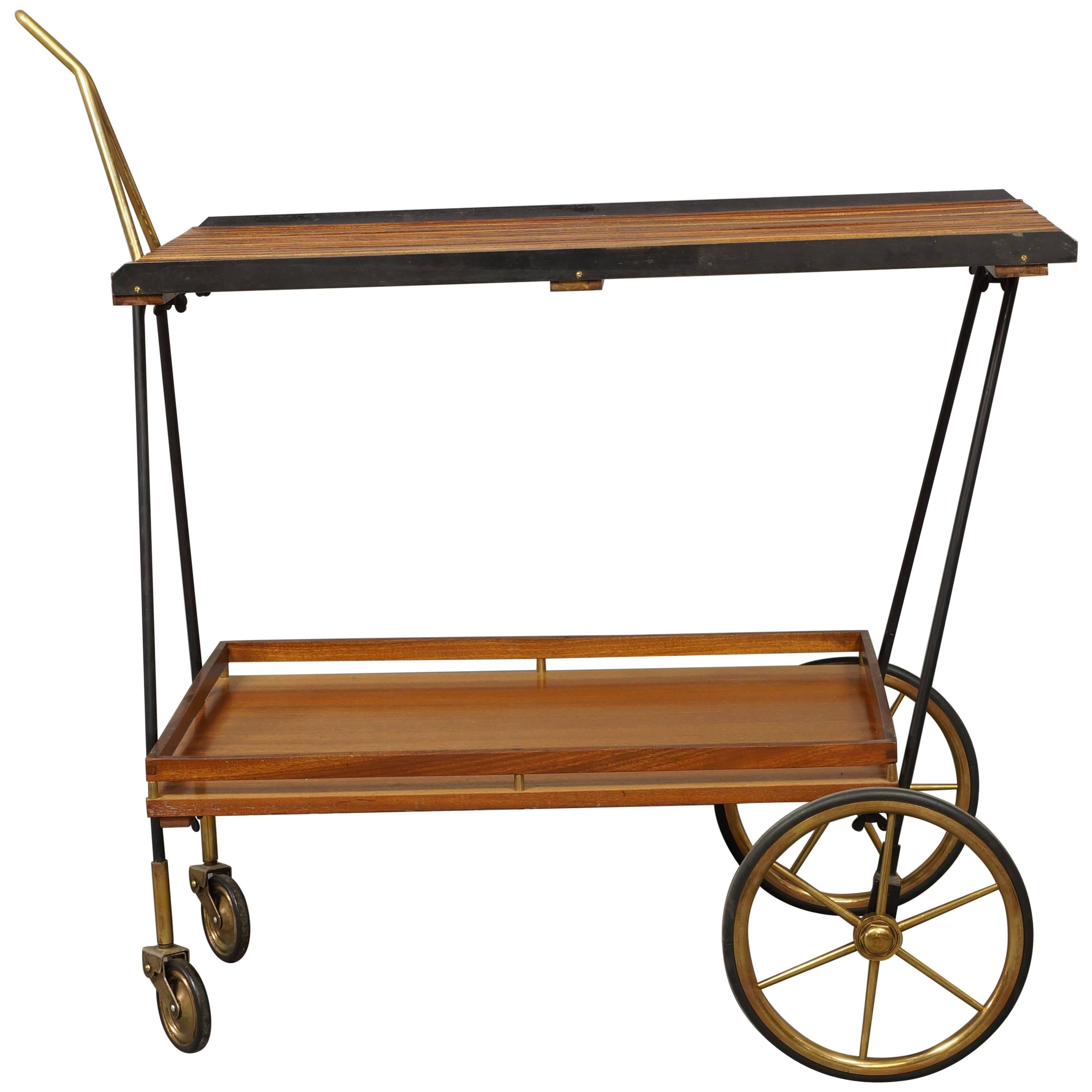 Italian Rosewood and Brass Drinks Trolley, circa 1950 For Sale
