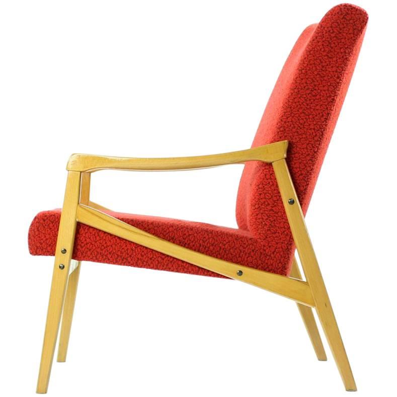 Mid-Century Armchair in Original Red Upholstery, Interier Praha, Czechoslovakia For Sale