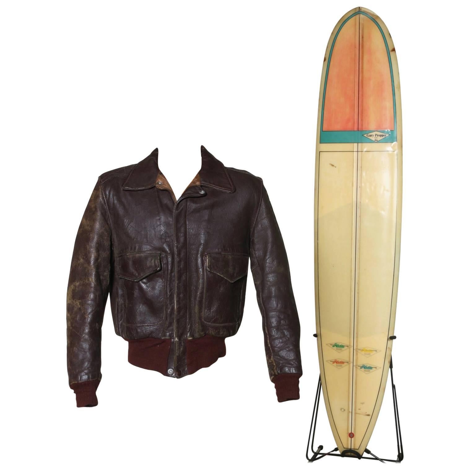 Steve McQueen Motorcycle Jacket, Gary Propper Model Hobie Surfboard, Late 1960s For Sale