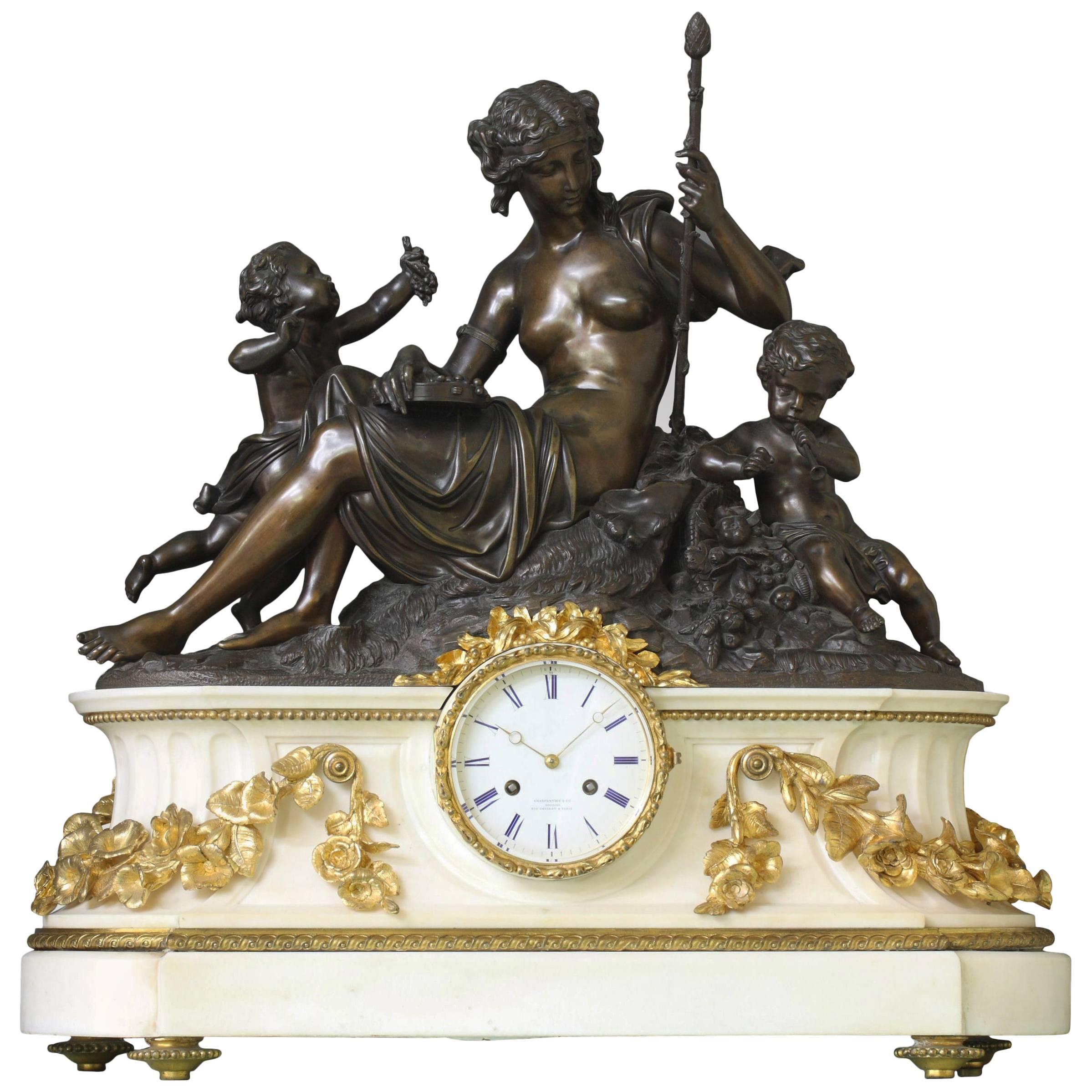 "Allegory of Autumn", Large Bronze and Marble French Mantel Clock For Sale