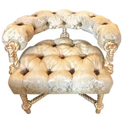 Napoleon III-Style Gilt Rope Carved Chair in Diamond Tufting