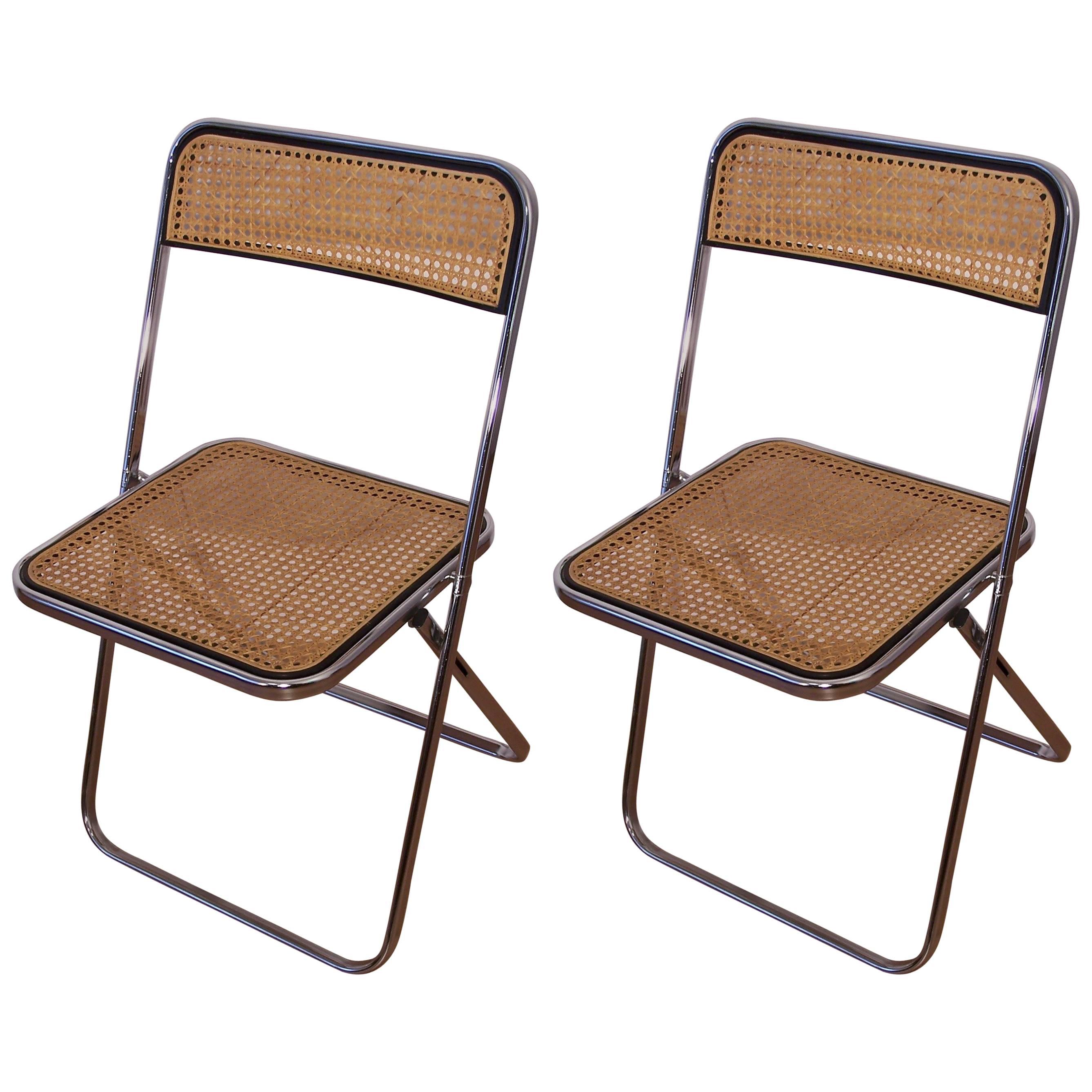 Castelli Style Chrome and Cane Pair of Folding Chairs