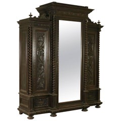 Renaissance Revival Style Wardrobe with Mirror Walnut Italy Early 20th Century