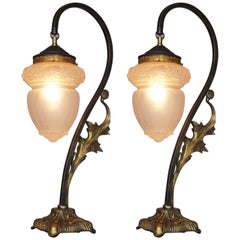 Mid-Century Pair of Art Deco Bronze Table Lamps with Frosted Glass Globes