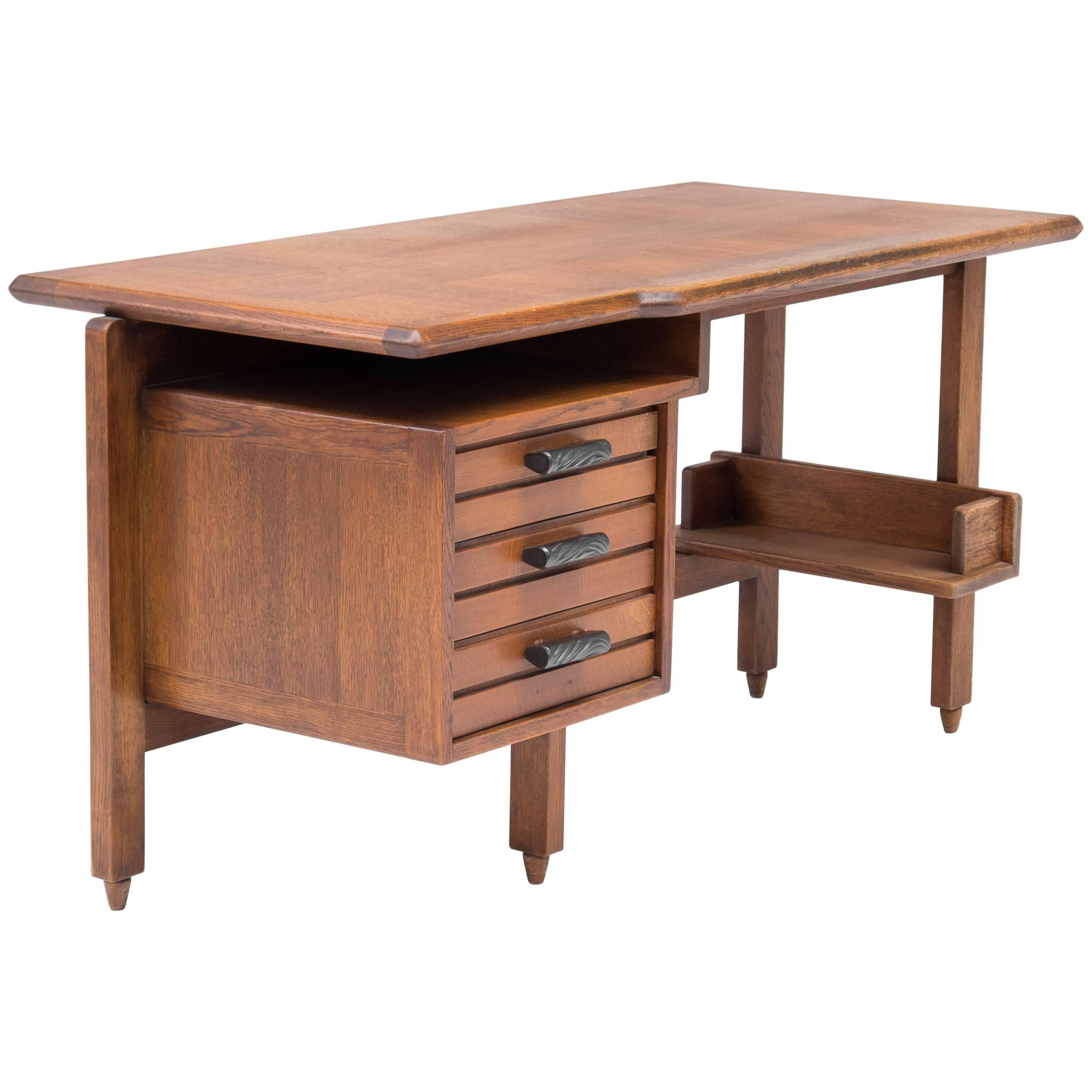 Guillerme et Chambron Desk in Oak with Ceramic Drawer Pulls, French, 1960s