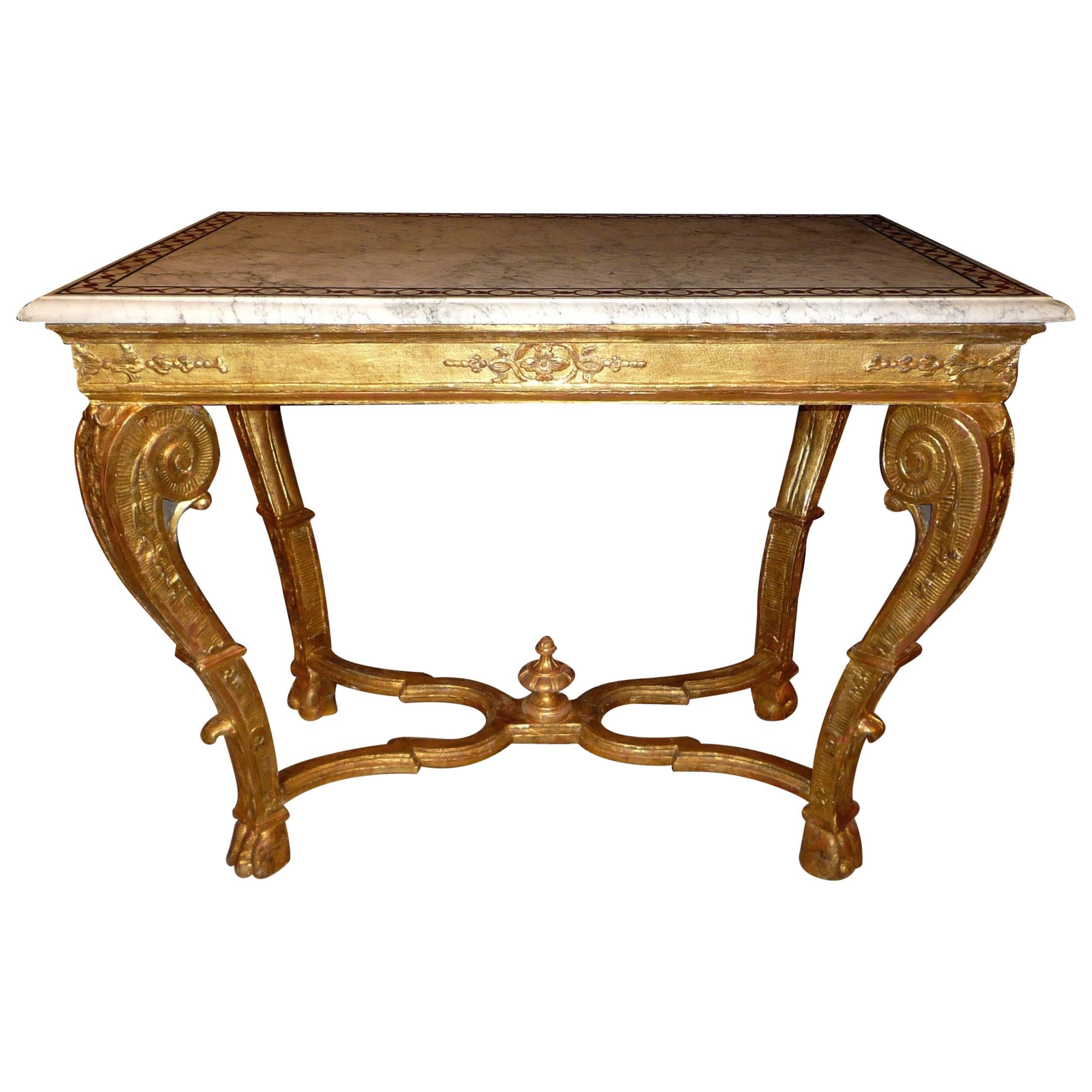 French Louis XV Period Carved and Giltwood Center Table with a Marble Top For Sale