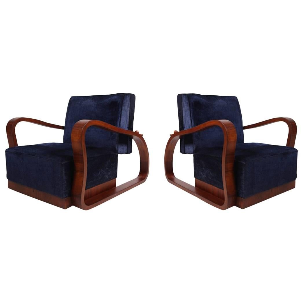 Art Deco Adjustable Lounge Chairs in Blue Velvet Halabala style 