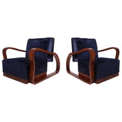 Art Deco Adjustable Lounge Chairs in Blue Velvet Halabala style
