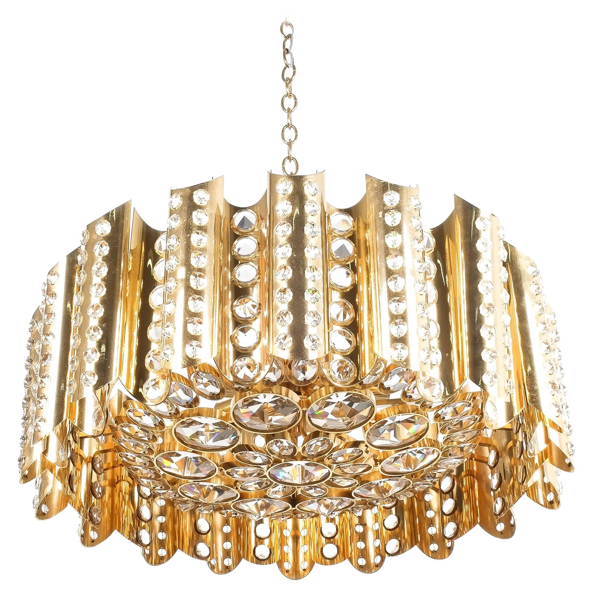 Brass Glass Chandelier Lamp Large Gold-Plated, Italy Mid Century
