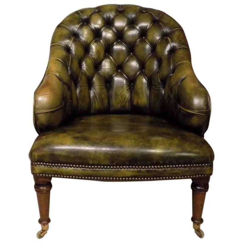 Green Leather Deep Buttoned Victorian Period Antique Tub Chair