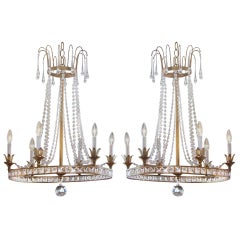 2 French Modern Neoclassical Louis XVI Style Crystal Chandeliers, Maison Jansen