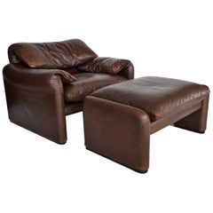Cassina Maralunga Leather Lounge Chair and Ottoman by Magistretti, Italy, 1974