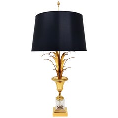 Hollywood Regency Gilt Brass and Glass Pineapple Leaf Table Lamp, France, 1970s