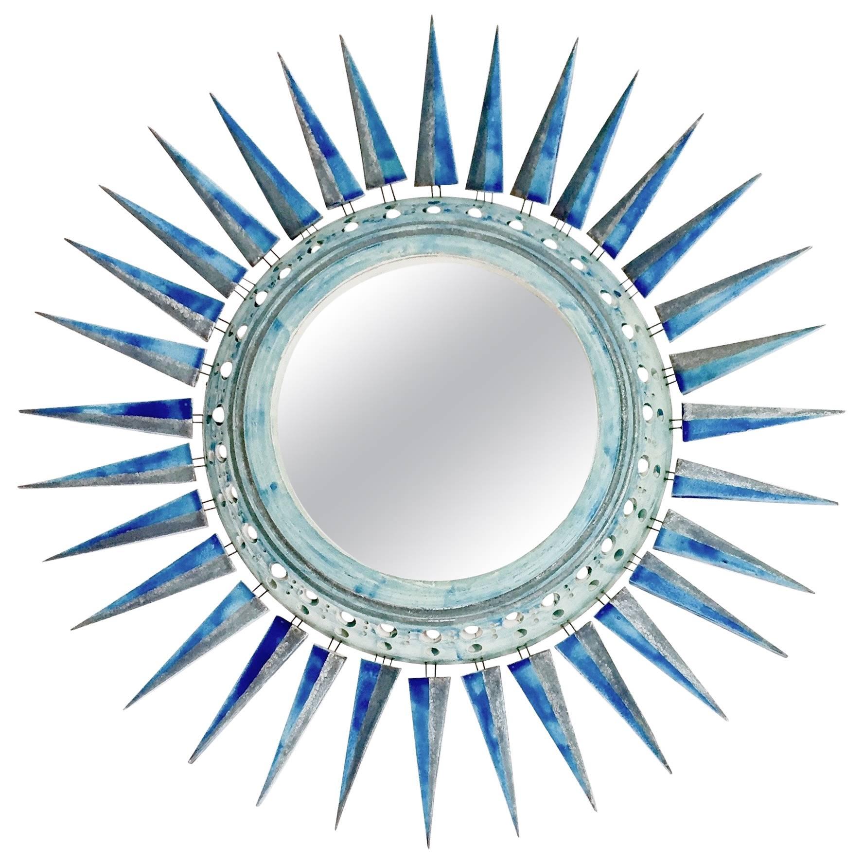 Georges Pelletier - Large Sunburst Ceramic Mirror Glazed in Blue