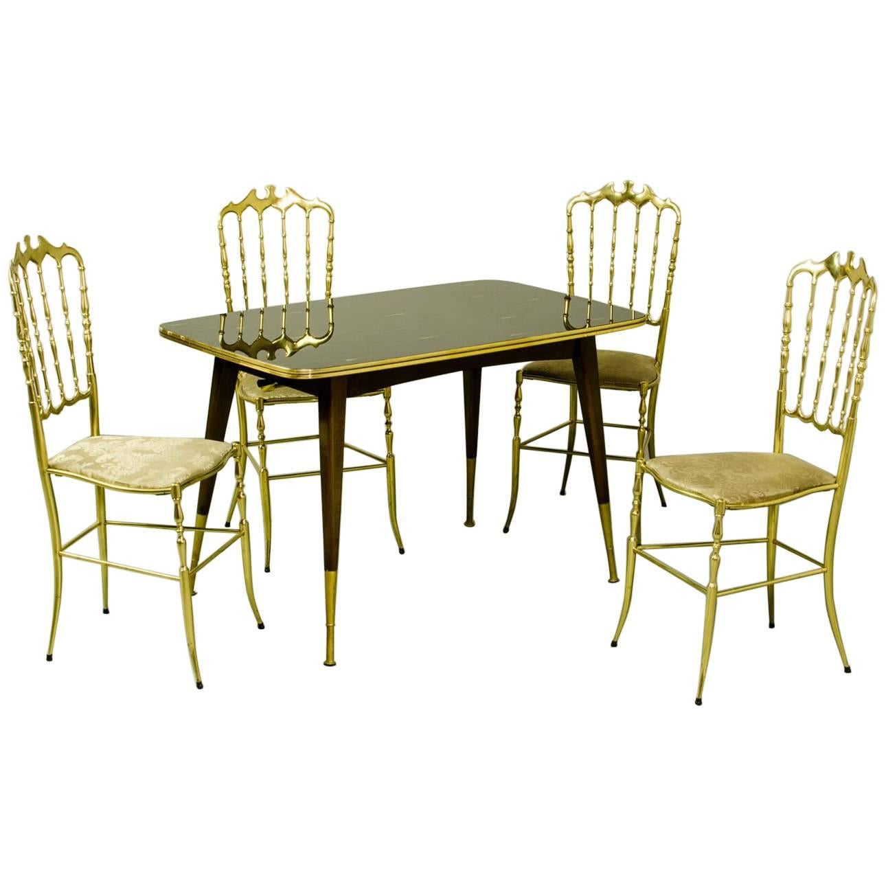 Midcentury Italian Design Set of Brass Chiavari Dining Chairs and Card Table