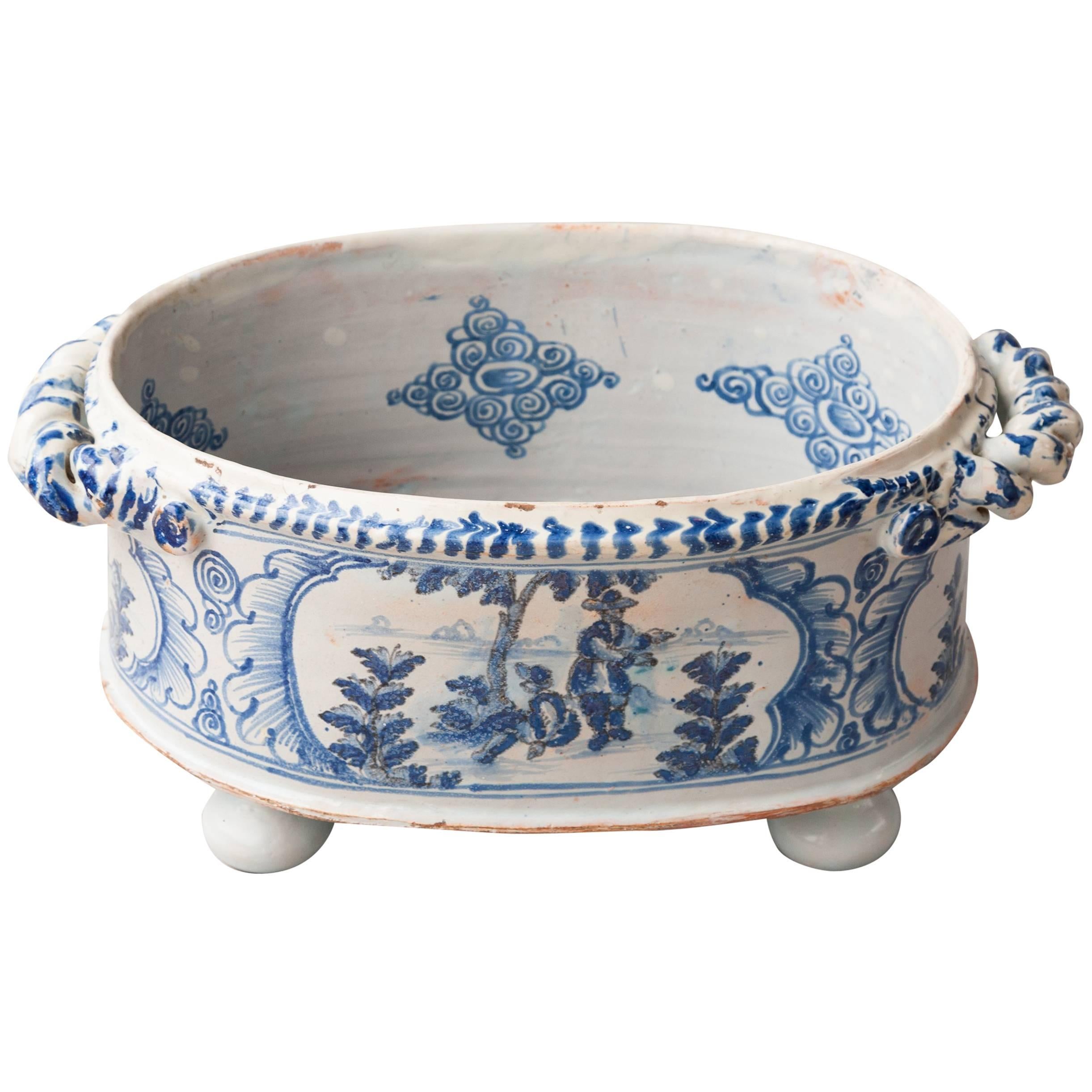 Rare Nevers Two Handled Chinoiserie Blue and White Faience Jardiniere For Sale