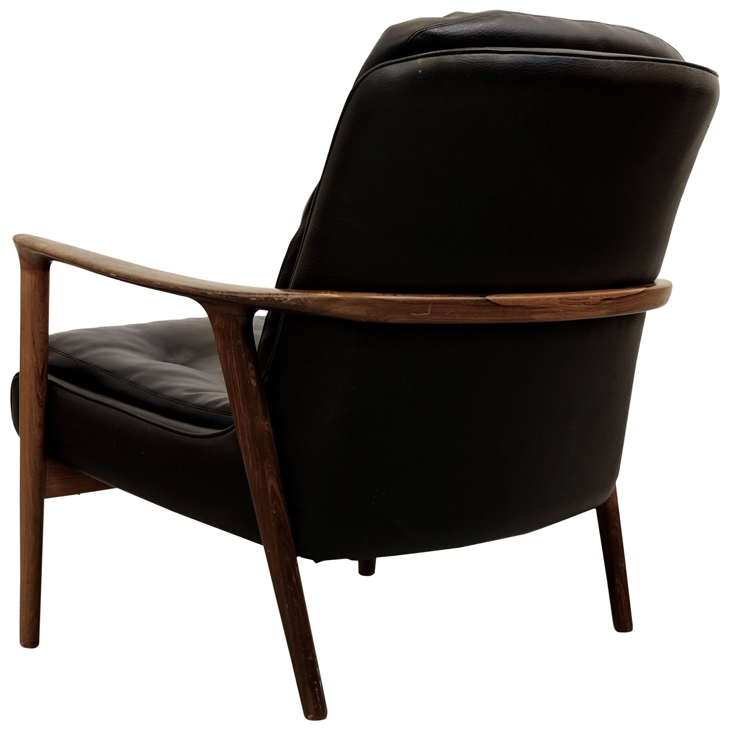 Rosewood and Black Leather Armchair "Tunis" by Inge Andersson, 1960s